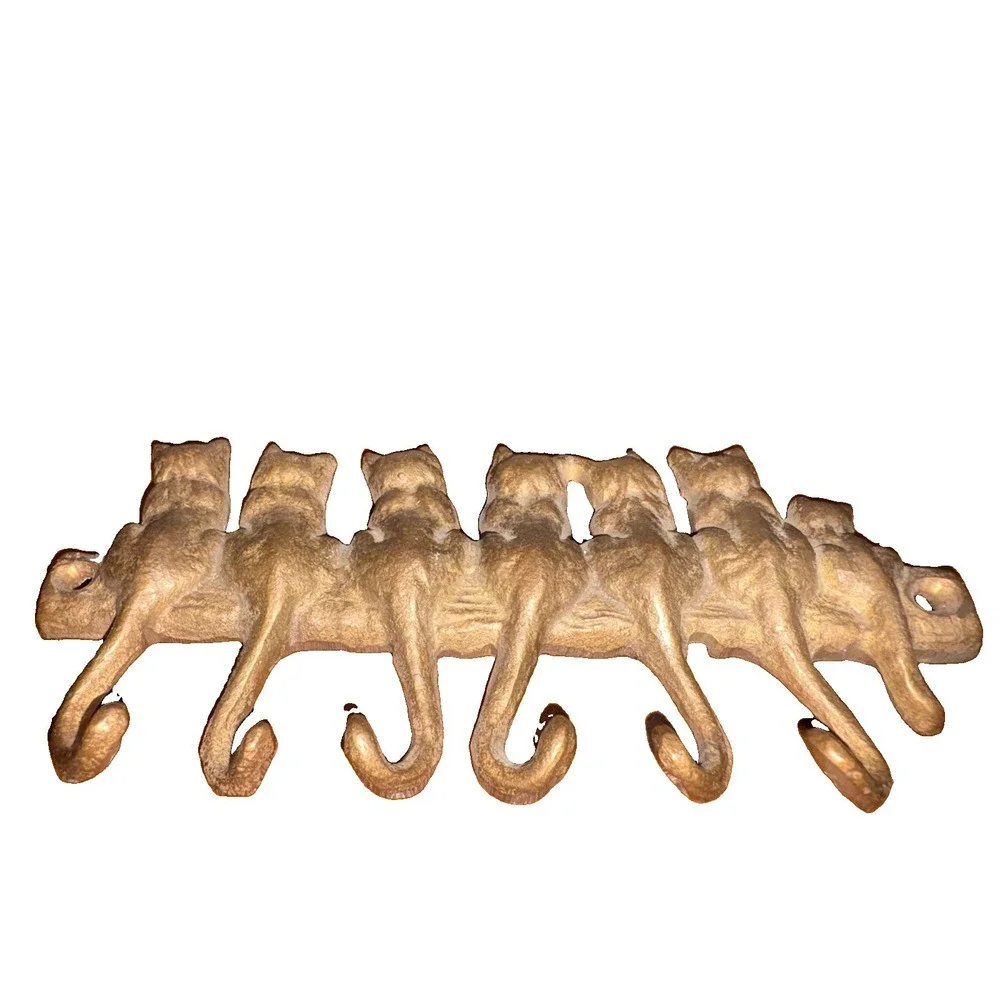 Vintage Antique Style Cast Brass Family Cat Wall Decor Hanging 6 Key Hooks 6.5